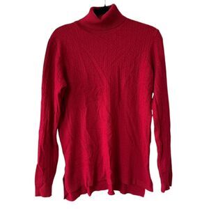 RED Cable Knit Turtleneck Hi Low Hem Pullover Tunic Sweater Large